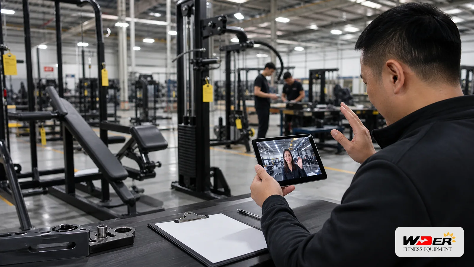 Remote commercial gym equipment factory audit with WDER logo - Indian B2B buyer guide