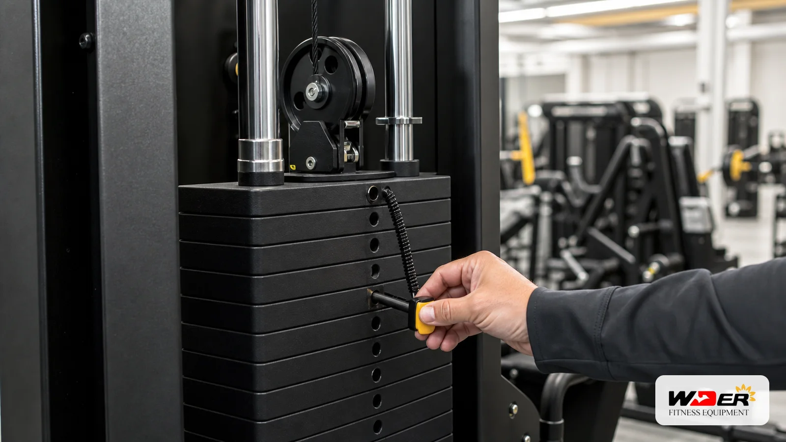 Selectorized weight stack safety pin inspection with WDER logo - Indian B2B buyer guide